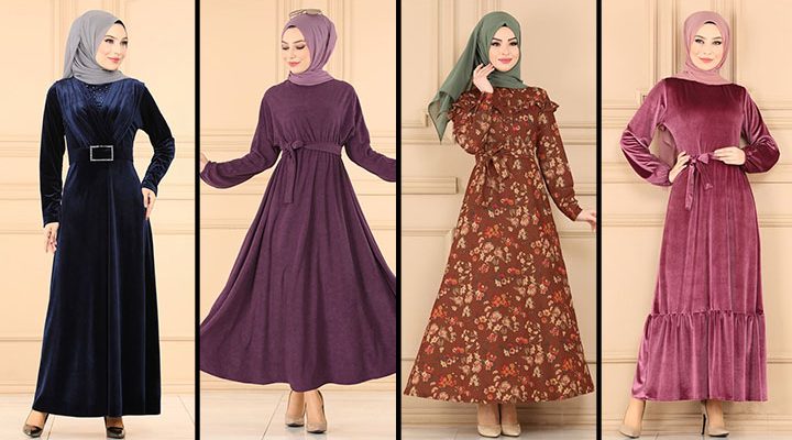 2022 ModaSelvim Kadife Elbise Modelleri 1/4 | Kadife Tesettür Elbise Modelleri 2022